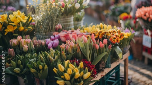 An array of colorful tulips and assorted flowers on sale at a bustling flower market, showcasing the beauty of spring.