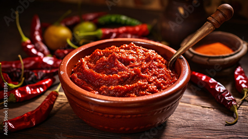 Homemade Turkish chili pepper paste on wooden table he