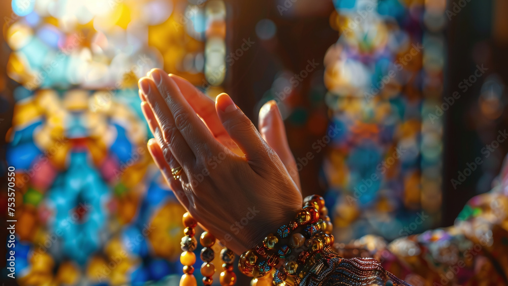 Devotion in Faith: Close-Up of Hands Clasping a Rosary in Prayer at Church