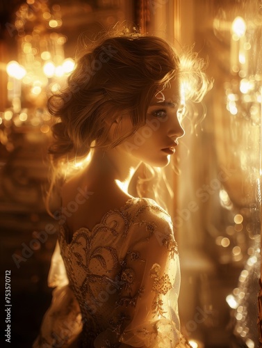 A woman's beauty is accentuated by the golden light surrounding her, creating a stunning visual of elegance and allure. Her detailed gown adds to the opulence.