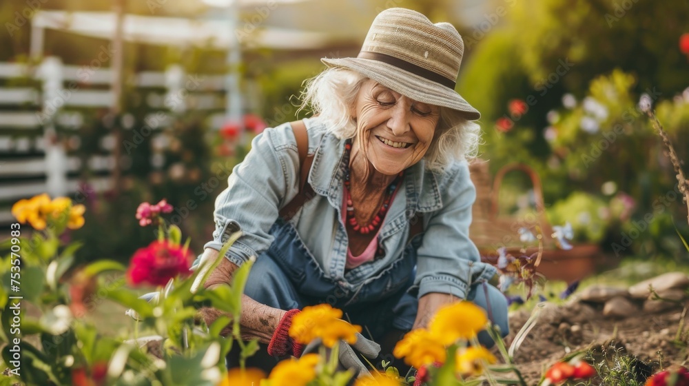 Happy senior woman is gardening in garden bed in summer