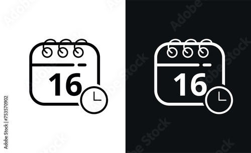 Simple flat calendar icons with specific day marked, hollow calendar icon on black background and white background, day 16.