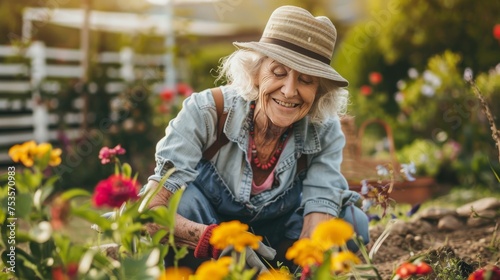 Happy senior woman is gardening in garden bed in summer photo
