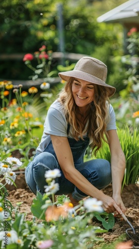 Happy young woman in hat smiling while gardening in garden bed in summer