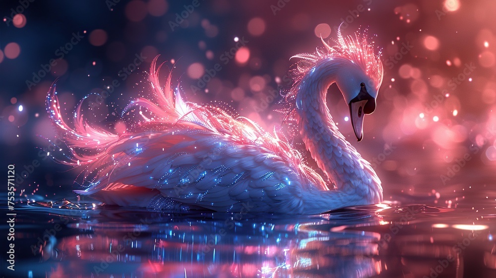 Fototapeta premium Experience the magic of nature with an illustration of a fantastical animal combining the elegance of a swan with the neon radiance of city lights, merging grace with urban allure.