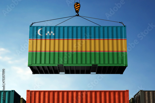 Karakalpakstan trade cargo container hanging against clouds background photo