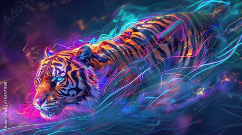 Illustration of a mystical creature blending the ferocity of a tiger with the electrifying glow of neon lights, evoking a mesmerizing aura of power and mystery. photo
