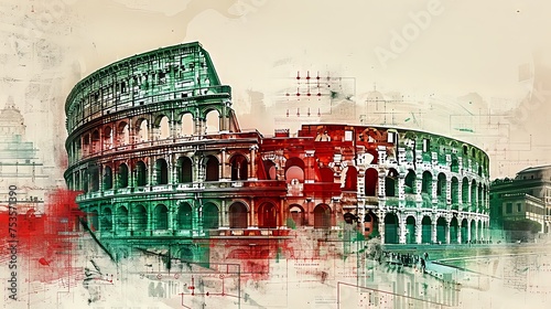Coliseum, Rome Italy. double exposure contemporary style minimalist artwork collage illustration. Ai generative.