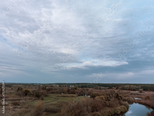 Aerial river scenery in autumn countryside