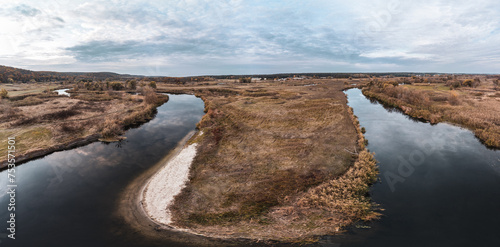 Aerial autumn river countryside panorama