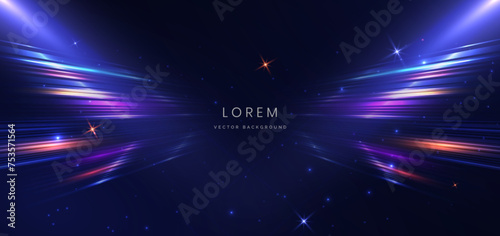 Abstract technology futuristic neon geometric glowing blue and red diagonal light lines with speed motion blur effect on dark blue background.