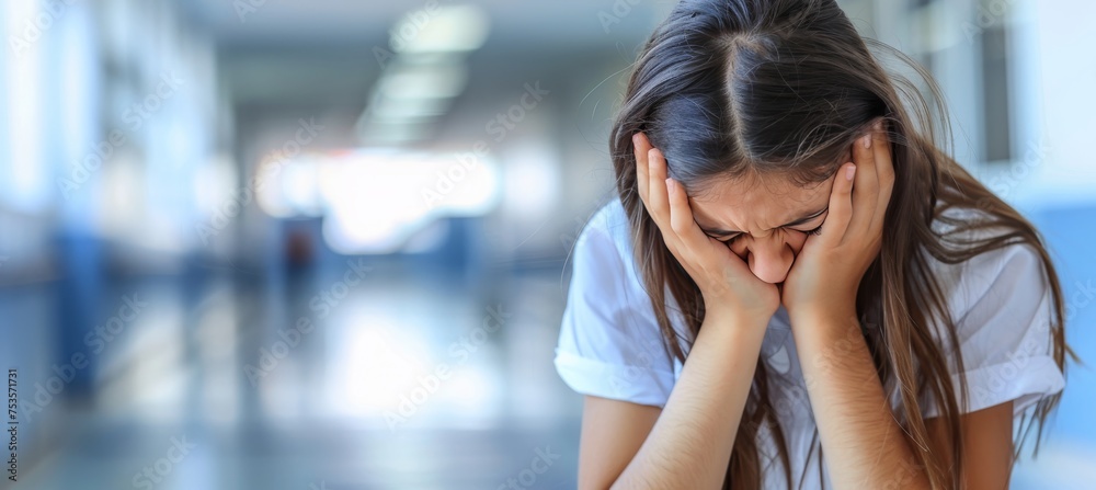 Upset teenage girl crying in school corridor with copy space, concept of learning difficulties Upset teenage girl crying in school corridor with copy space, concept of learning difficulties