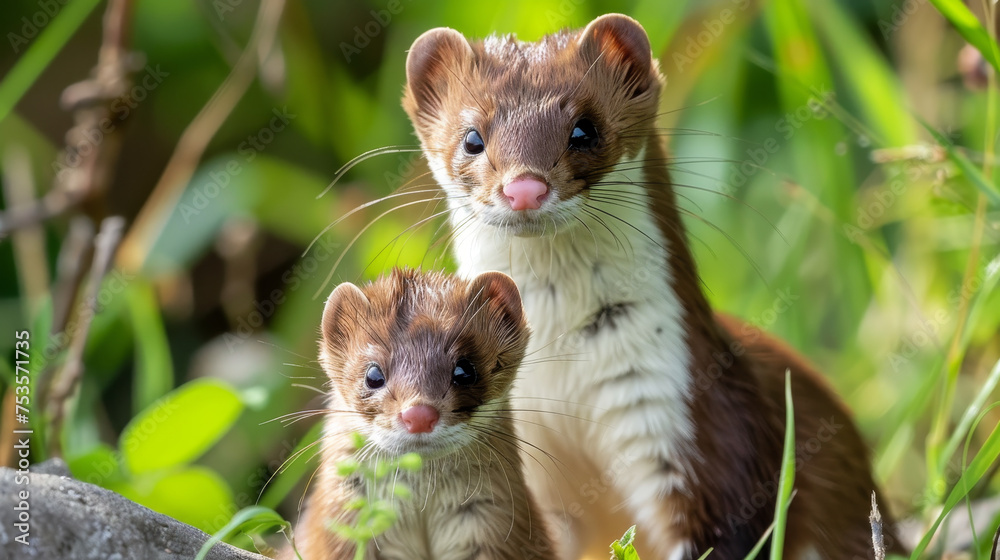 Two alert weasels in their natural outdoor habitat.