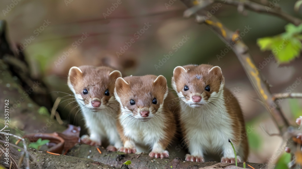 Three weasels peeking through leaves in the wild. Three weasels peeking through leaves in the wild.