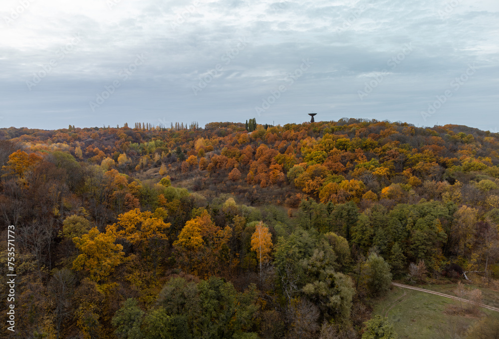 Aerial view on radio telescope in autumn forest