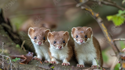 Three weasels peeking through leaves in the wild.