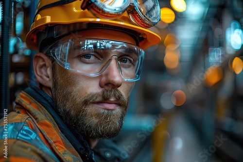 Portrait of factory worker in safety helmet with safety glasses and reflective vest.