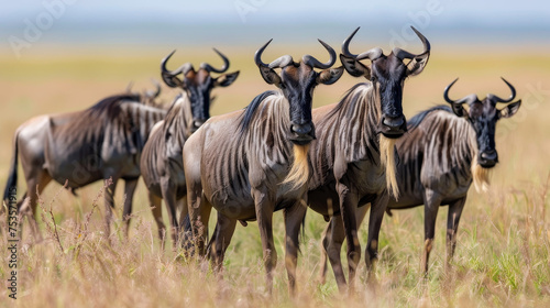 Herd of wildebeests standing in the savannah.