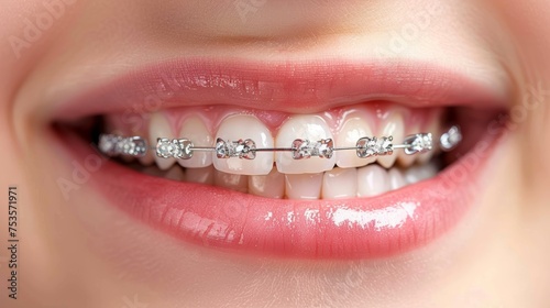Child s happy smile with metal braces, healthy white teeth close up on bright white background