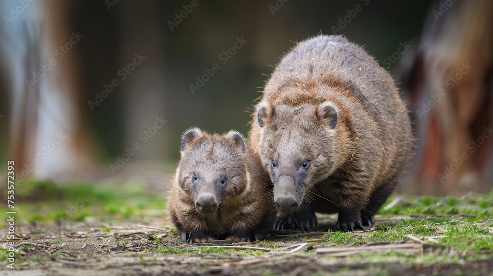 Baby wombat with its mother in their natural bushland habitat. Baby wombat with its mother in their natural bushland habitat.