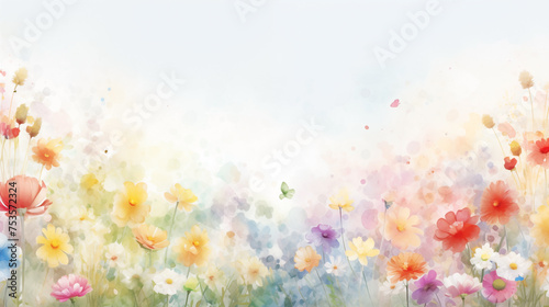 Watercolor background depicting a soft floral field in pastel sunrise hues © Kseniya