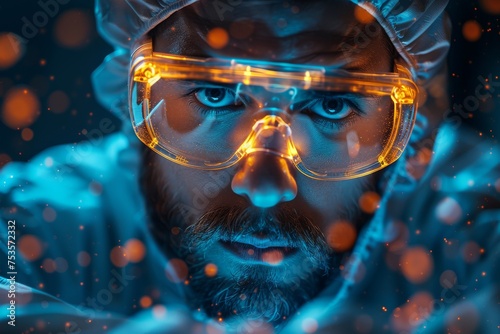 Close-up of a researcher in a lab environment surrounded by vibrant blue and orange light, conveying cutting-edge research vibes © familymedia