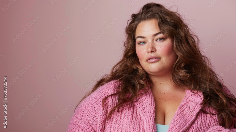 Plus size young female in stylish clothes on pink background. Diversity and body positivity. Fashion editorial of a young woman
Plus size young female in stylish clothes on pink background. Diversity and body positivity. Fashion editorial of a young woman