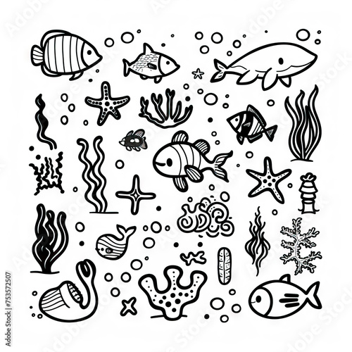 Wallpaper Mural Under the Sea - Marine Marvels. Sticker Collection. Multiple. Vector Icon Illustration. Icon Concept Isolated Premium Vector. Line Art. Black Outline. White Background. Torontodigital.ca