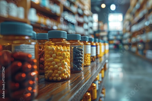Focused perspective of an array of pharmaceutical bottles lining the shelves in a pharmacy store photo