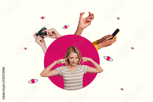 Obraz na plátně Creative collage of young blonde woman closed ears with fingers hiding from spyi