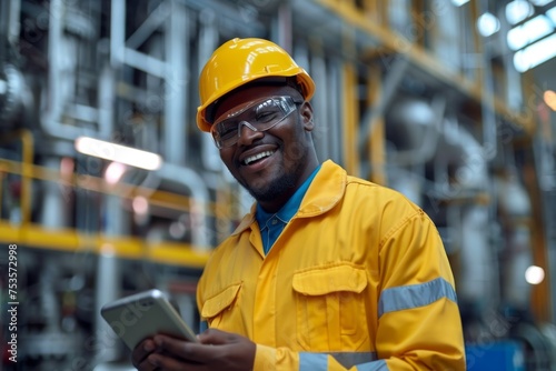 Smiling engineer in a yellow hard hat and safety glasses using a tablet in an industrial setting