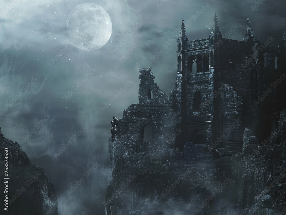 A dark castle shrouded in mist with gargoyles perched on the battlements moonlight casting eerie shadows on the ancient stones Cinematic Style