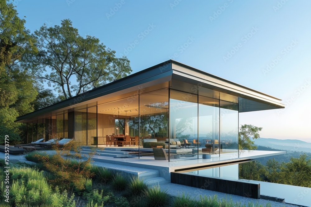 A modern house characterized by its futuristic glass exterior A modern house characterized by its futuristic glass exterior