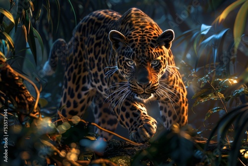 Envision a 3D Realistic Action Style scene where a stealthy leopard stalks its prey in the dense twilight jungle underbrush © Shutter2U