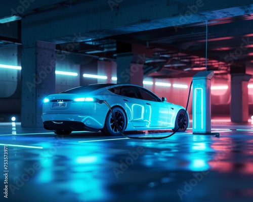 Futuristic scene with a white EV illuminated by blue lights while charging in the dim ambiance of an underground business showroom symbolizing progress