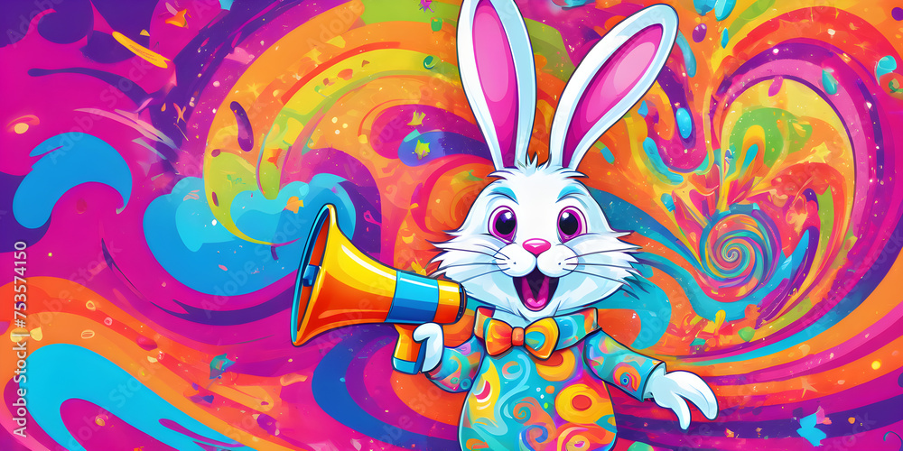 A crazy, cute easter bunny with a megaphone. Promotion, action, holiday, ad, job questions. Vacancy. Business discount concept, communication, information, news, team media relations