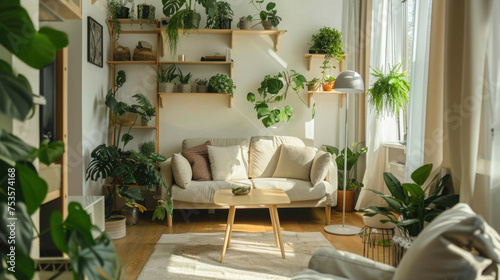 Interior design of  living room decorated in beige colors, with many home plants and sunlights.