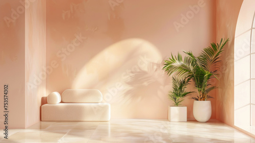 Interior design of large living room decorated in peach colors, with home plants and sunlights.