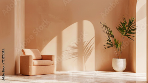 Interior design of large living room decorated in peach colors, with home plants and sunlights. Minimal style.