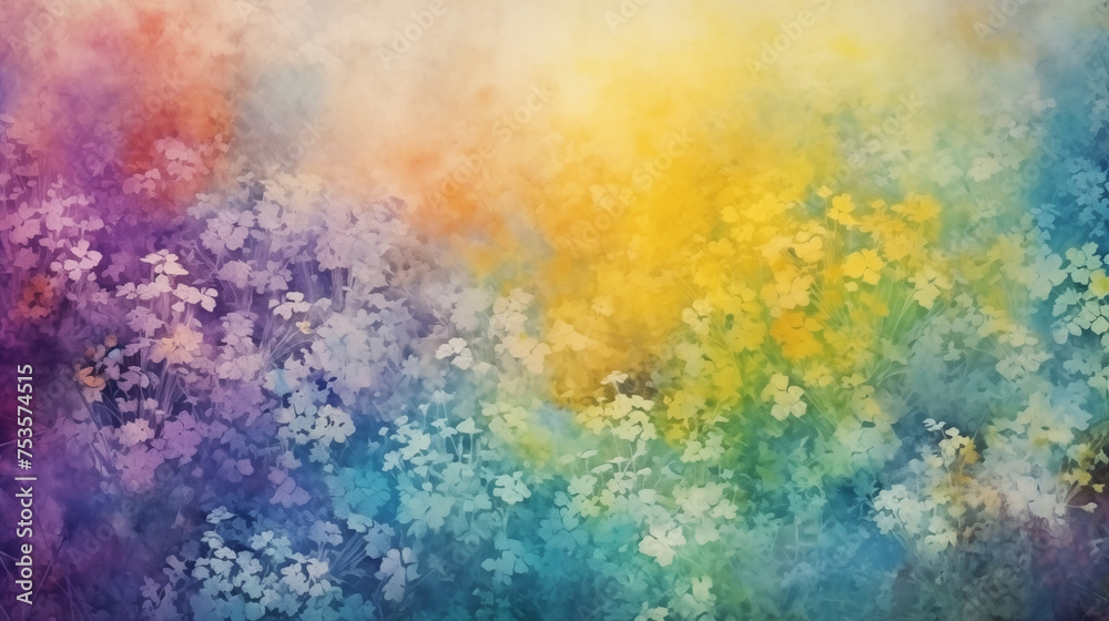 Watercolor background with a gradient of wildflowers blending into the sunset
