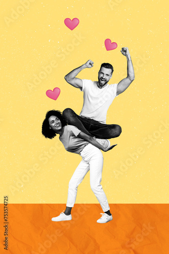 Vertical creative composite photo collage of funny woman hold happy man on back bring him on date isolated yellow color background