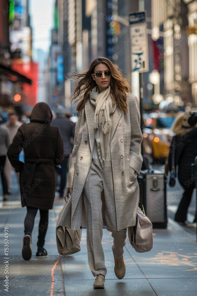 Fototapeta premium Nicely dressed businesswoman seen walking on the street of Manhattan after work