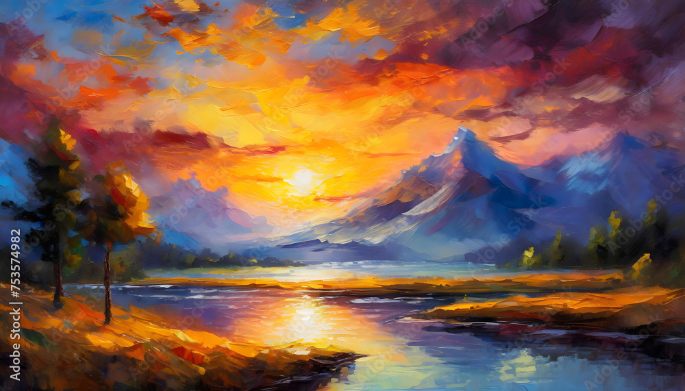 Sunset over mountains painting