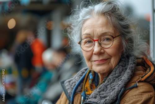 A portrait of a smiling elderly woman wearing glasses and casual attire in a vibrant café setting