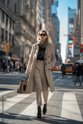 Nicely dressed businesswoman seen walking on the street of Manhattan after work