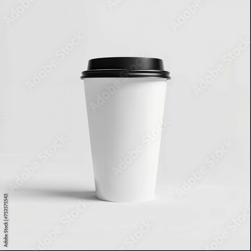 A white paper coffee cup with a black lid on a white background, photographed as a product shot with studio lighting in a minimalist style at high resolution, high detail and high quality