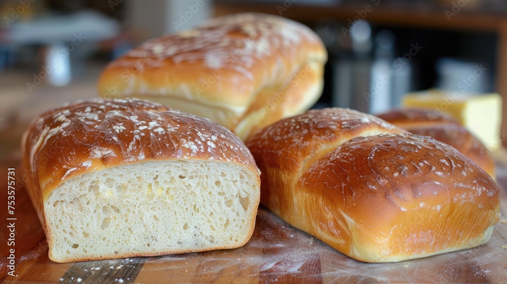 Home baked bread, wooden table, butter, Home baked bread, wooden table, butter,