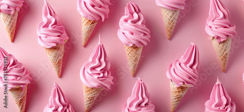 Pink strawberry ice creams in a cone pattern on a pastel light pink background. Summer refreshing concept banner. Delicious commercial background.