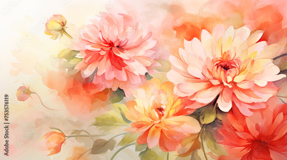 Fototapeta premium Watercolor background with radiant dahlias and tender buds in a warm palette