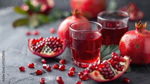 Pomegranate and juice on brown table, close up
